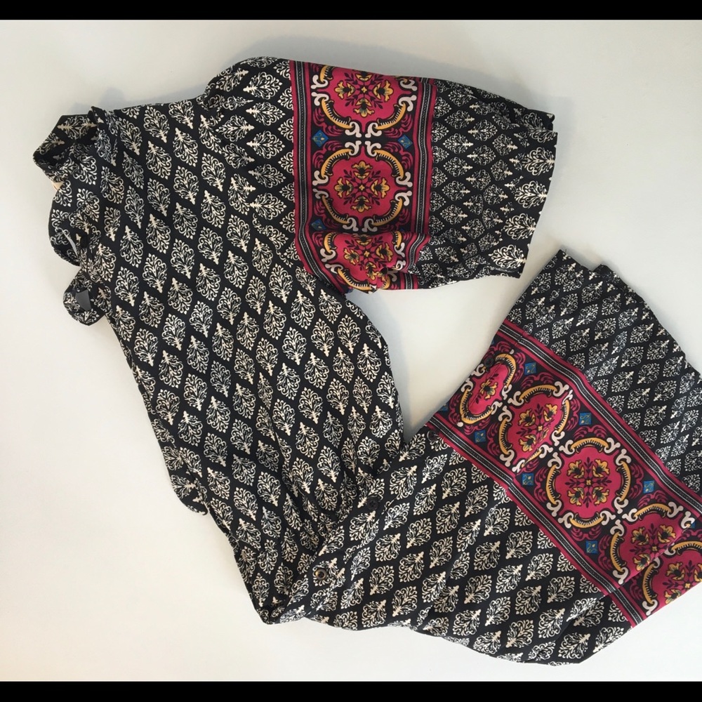 Yumi Black White Ikat Dress Border Print Tie Neck - Picture 2 of 16